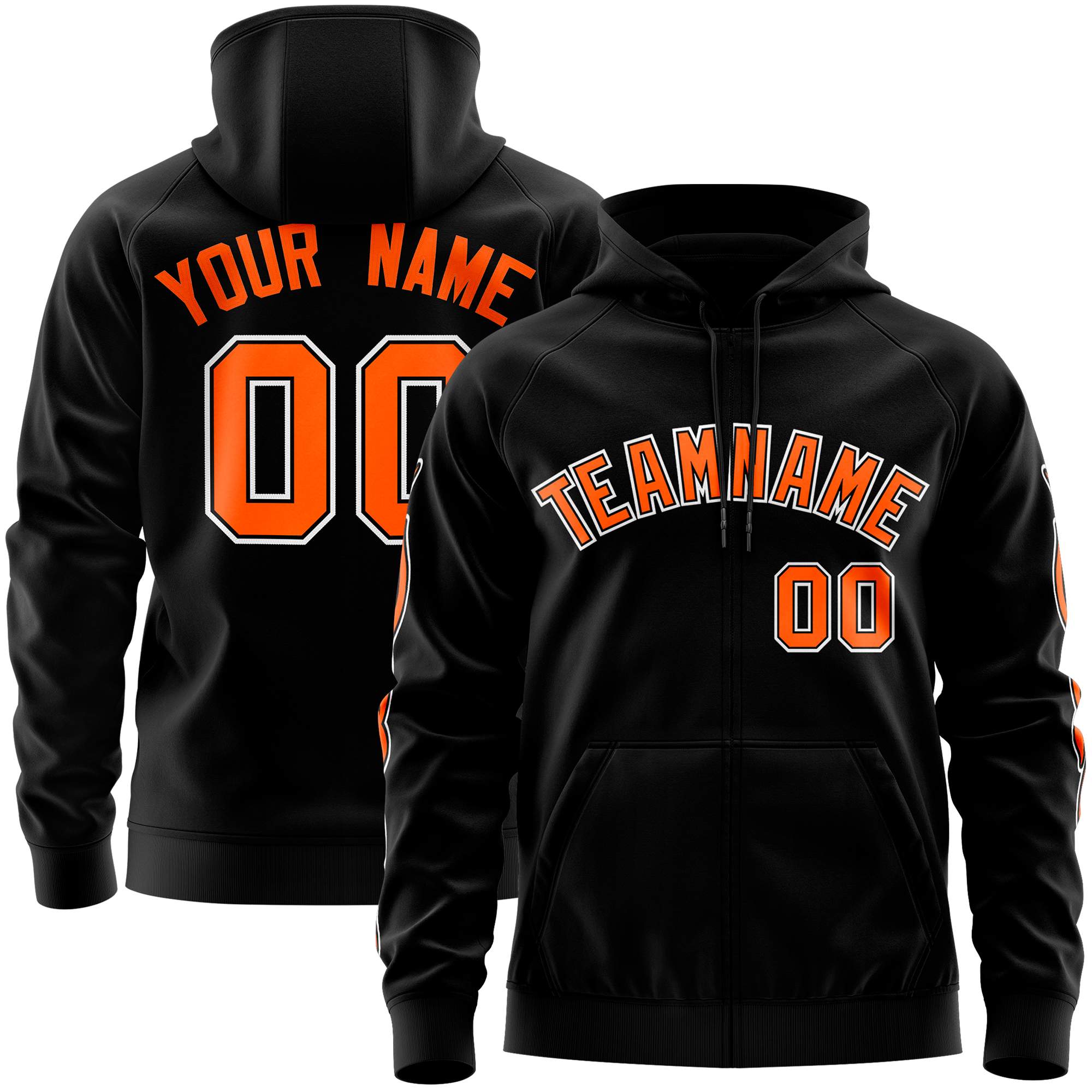 Custom Stitched Black Orange Sports Full-Zip Sweatshirt Hoodie with Flame