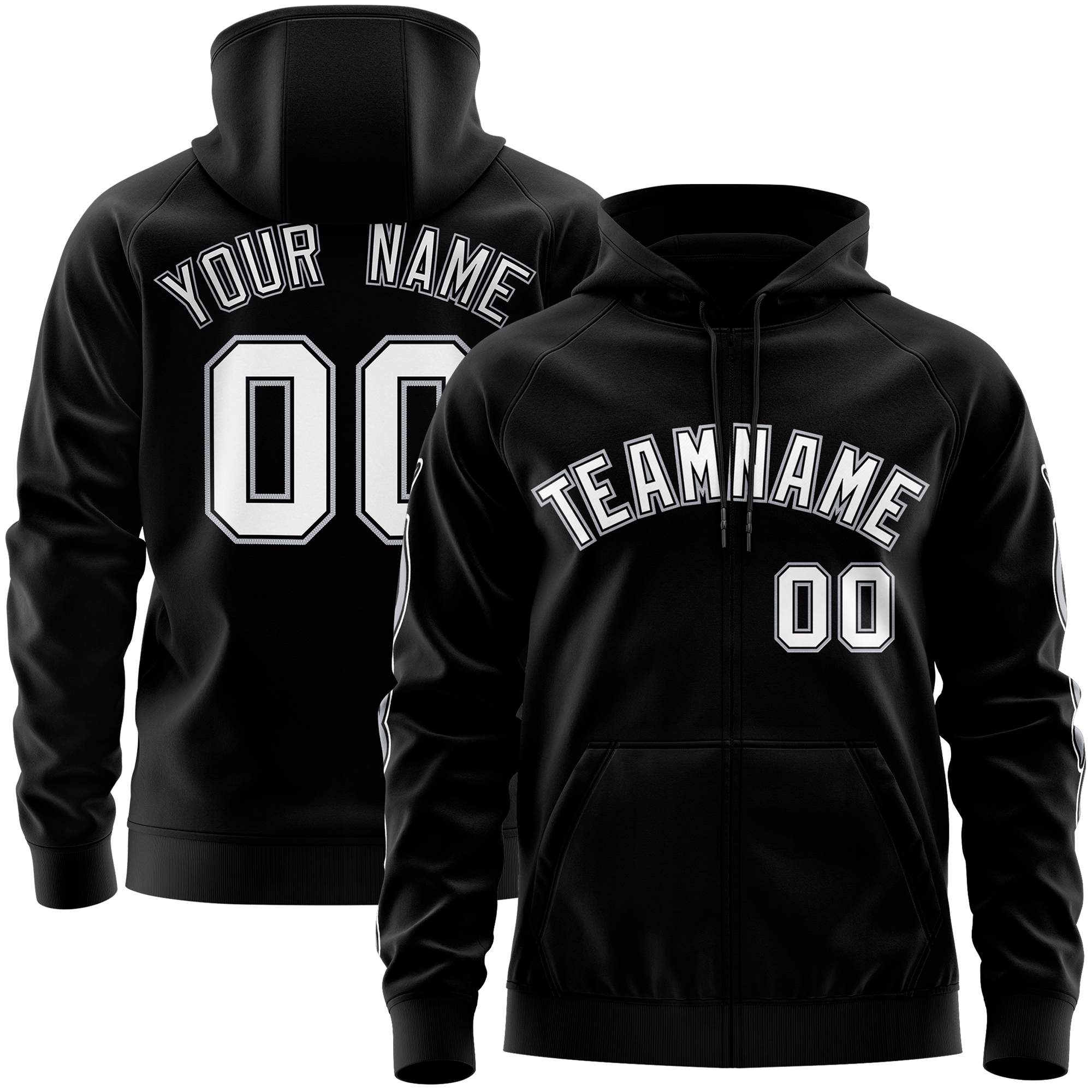 Custom Stitched Black White Sports Full-Zip Sweatshirt Hoodie with Flame