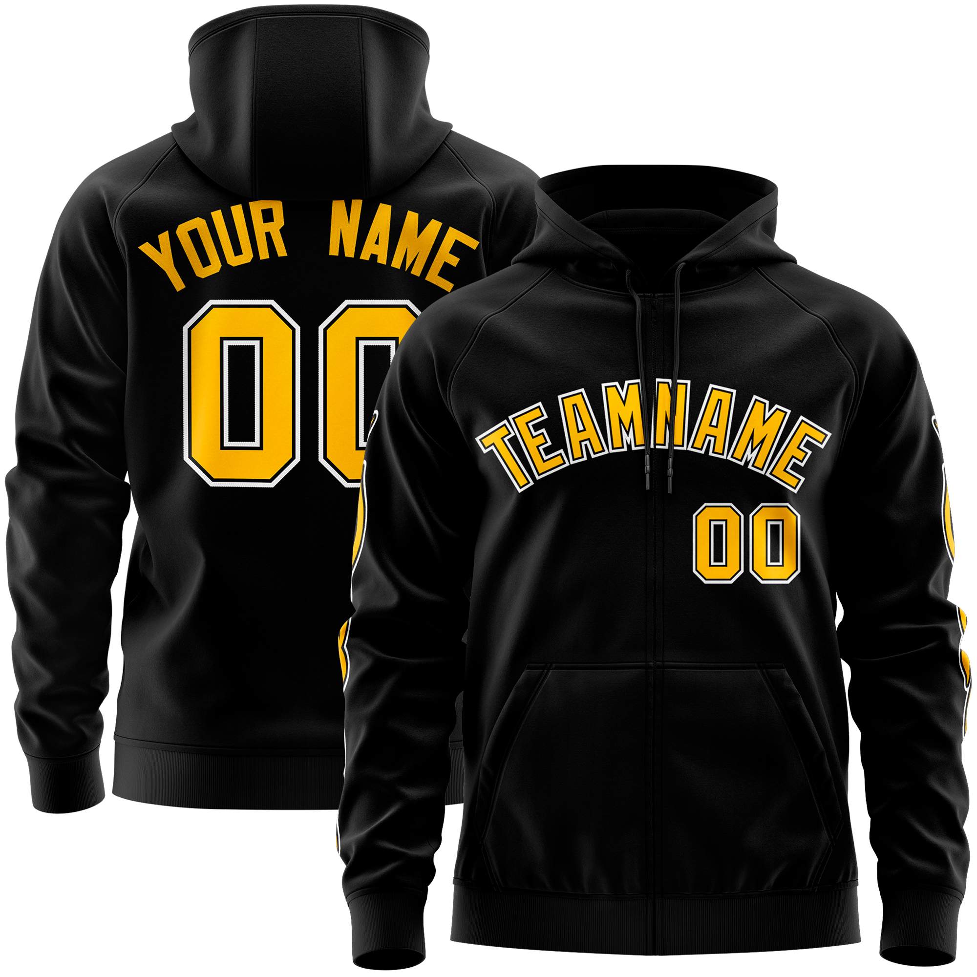 Custom Stitched Black Gold Sports Full-Zip Sweatshirt Hoodie with Flame