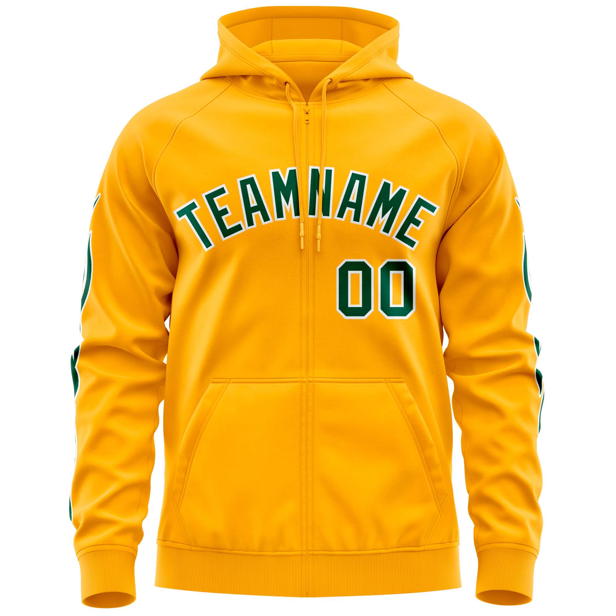 Custom Stitched Gold Green Sports Full-Zip Sweatshirt Hoodie with Flame