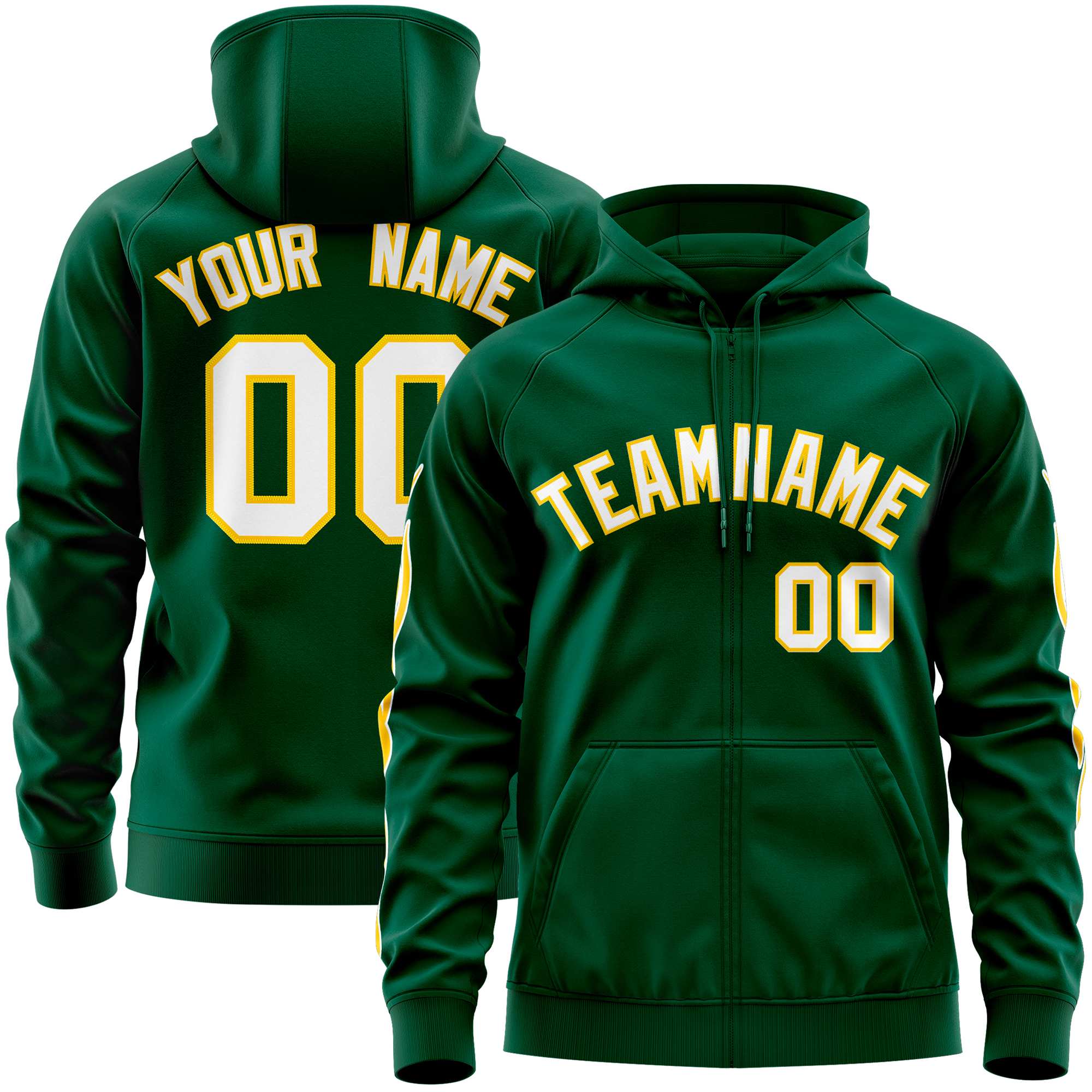 Custom Stitched Green White Sports Full-Zip Sweatshirt Hoodie with Flame