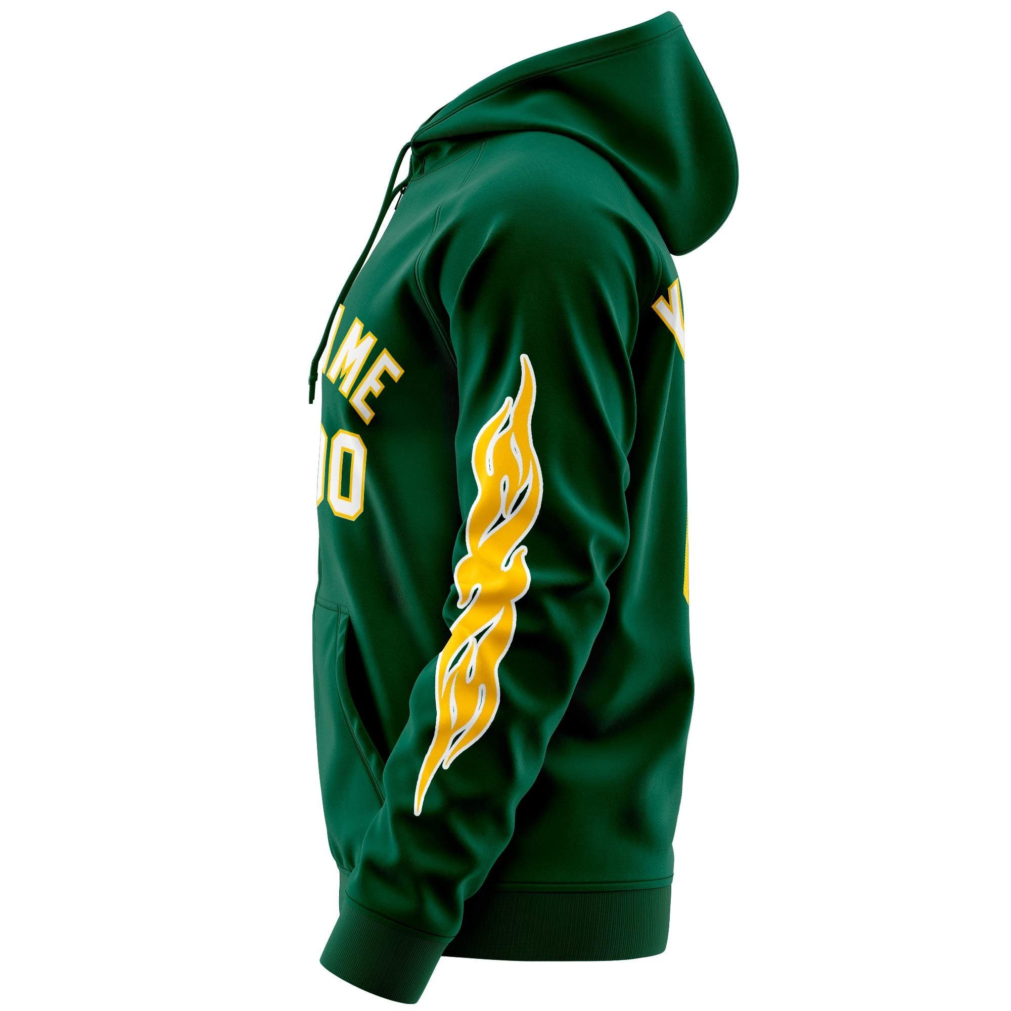 Custom Stitched Green White Sports Full-Zip Sweatshirt Hoodie with Flame