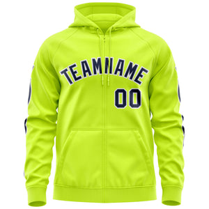 Custom Stitched Neon Green Navy Sports Full-Zip Sweatshirt Hoodie with Flame