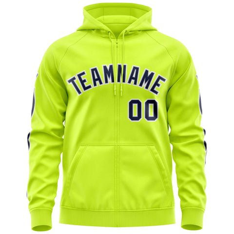 Custom Stitched Neon Green Navy Sports Full-Zip Sweatshirt Hoodie with Flame