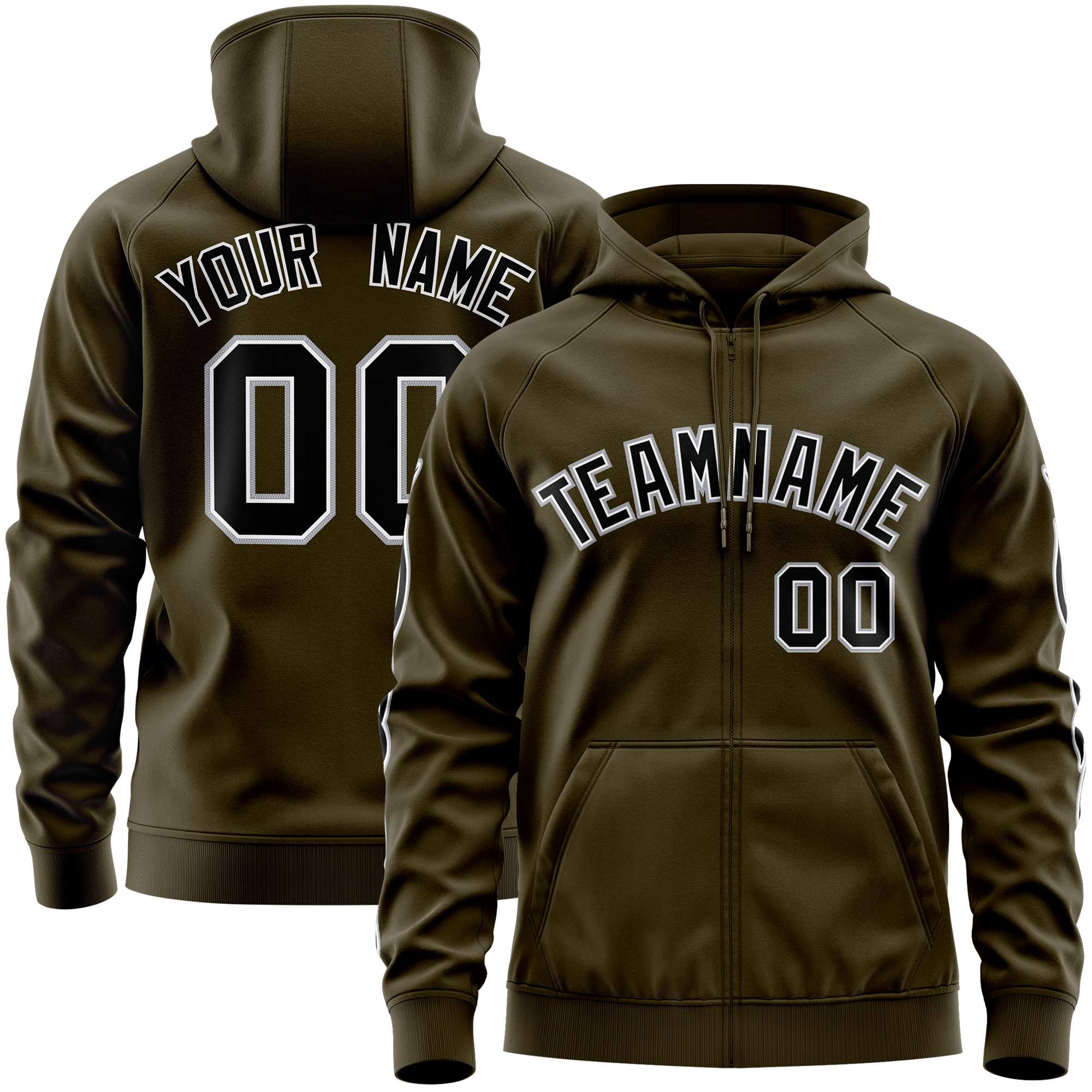 Custom Stitched Olive Black Sports Full-Zip Sweatshirt Hoodie with Flame