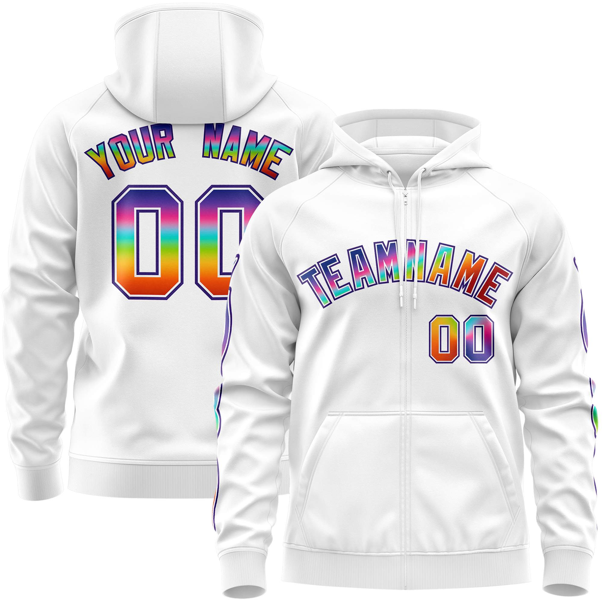 Custom Stitched White Purple Sports Full-Zip Sweatshirt Hoodie with Colored Flames