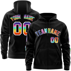 Custom Stitched Black White Sports Full-Zip Sweatshirt Hoodie with Colored Flames