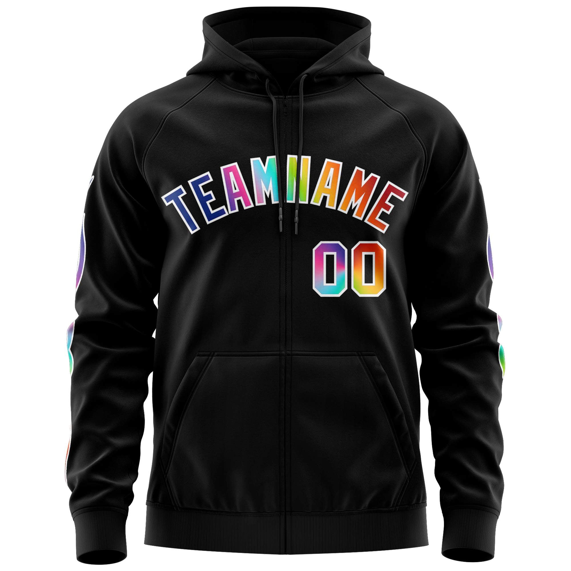 Custom Stitched Black White Sports Full-Zip Sweatshirt Hoodie with Colored Flames