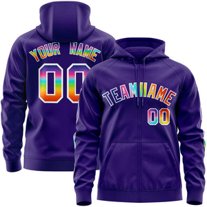 Custom Stitched Purple White Sports Full-Zip Sweatshirt Hoodie with Colored Flames