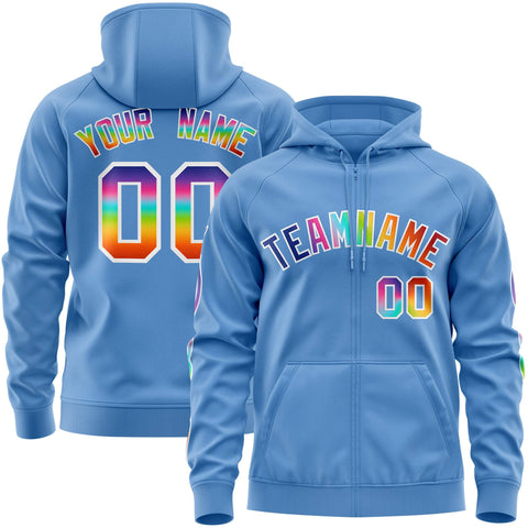 Custom Stitched Light Blue White Sports Full-Zip Sweatshirt Hoodie with Colored Flames