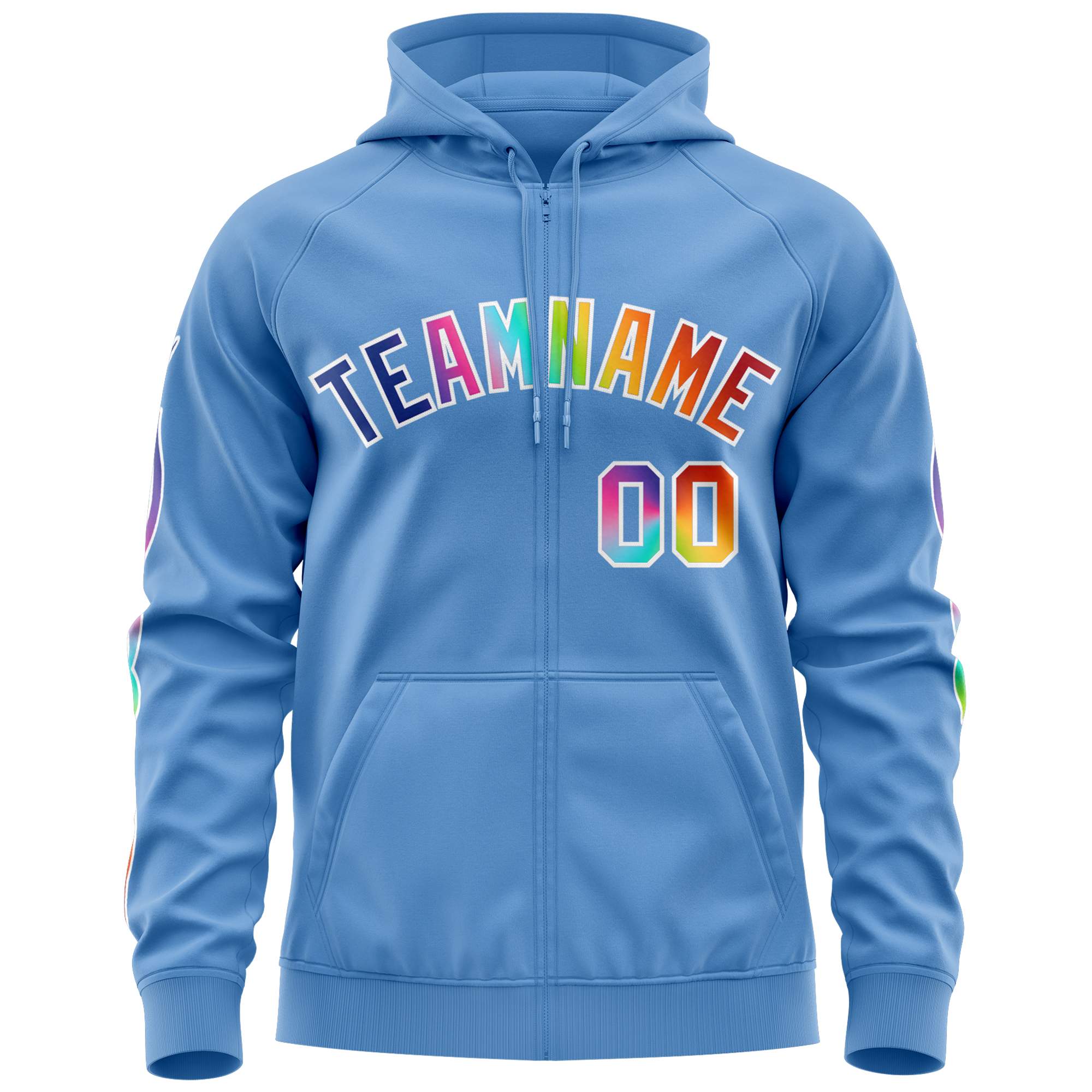 Custom Stitched Light Blue White Sports Full-Zip Sweatshirt Hoodie with Colored Flames