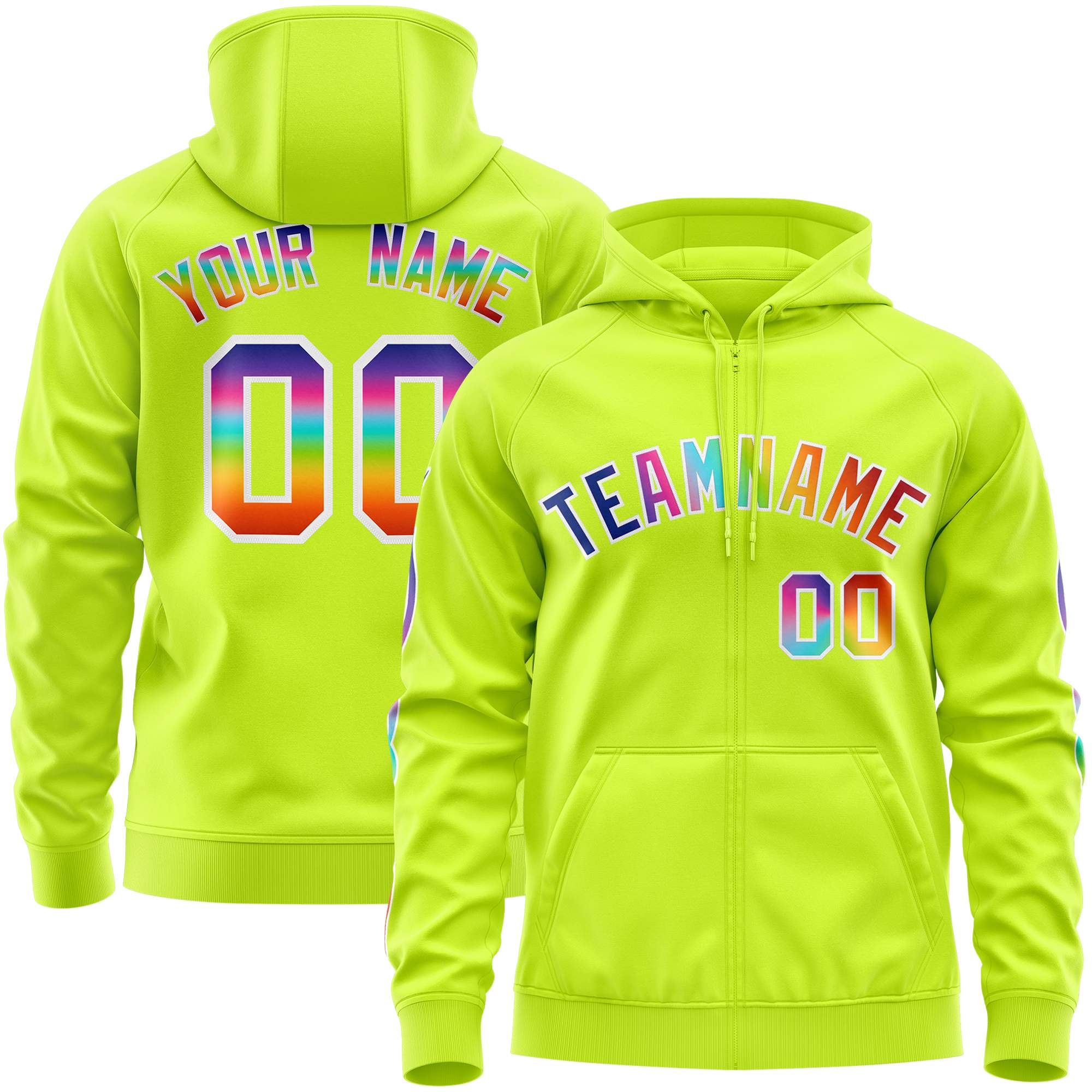 Custom Stitched Neon Green White Sports Full-Zip Sweatshirt Hoodie with Colored Flames