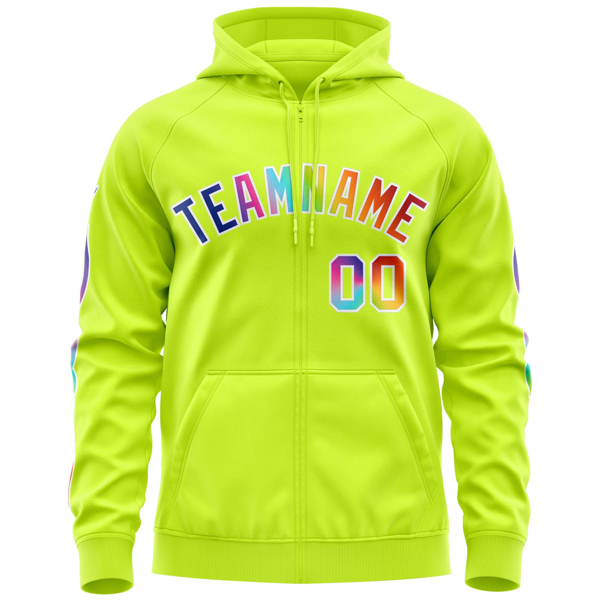 Custom Stitched Neon Green White Sports Full-Zip Sweatshirt Hoodie with Colored Flames