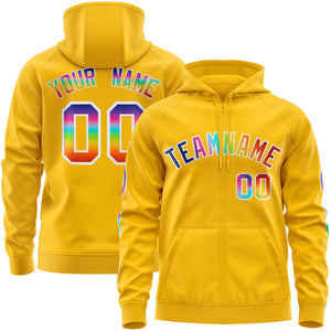 Custom Stitched Gold White Sports Full-Zip Sweatshirt Hoodie with Colored Flames