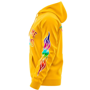 Custom Stitched Gold White Sports Full-Zip Sweatshirt Hoodie with Colored Flames