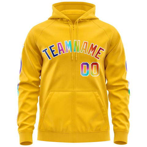 Custom Stitched Gold White Sports Full-Zip Sweatshirt Hoodie with Colored Flames