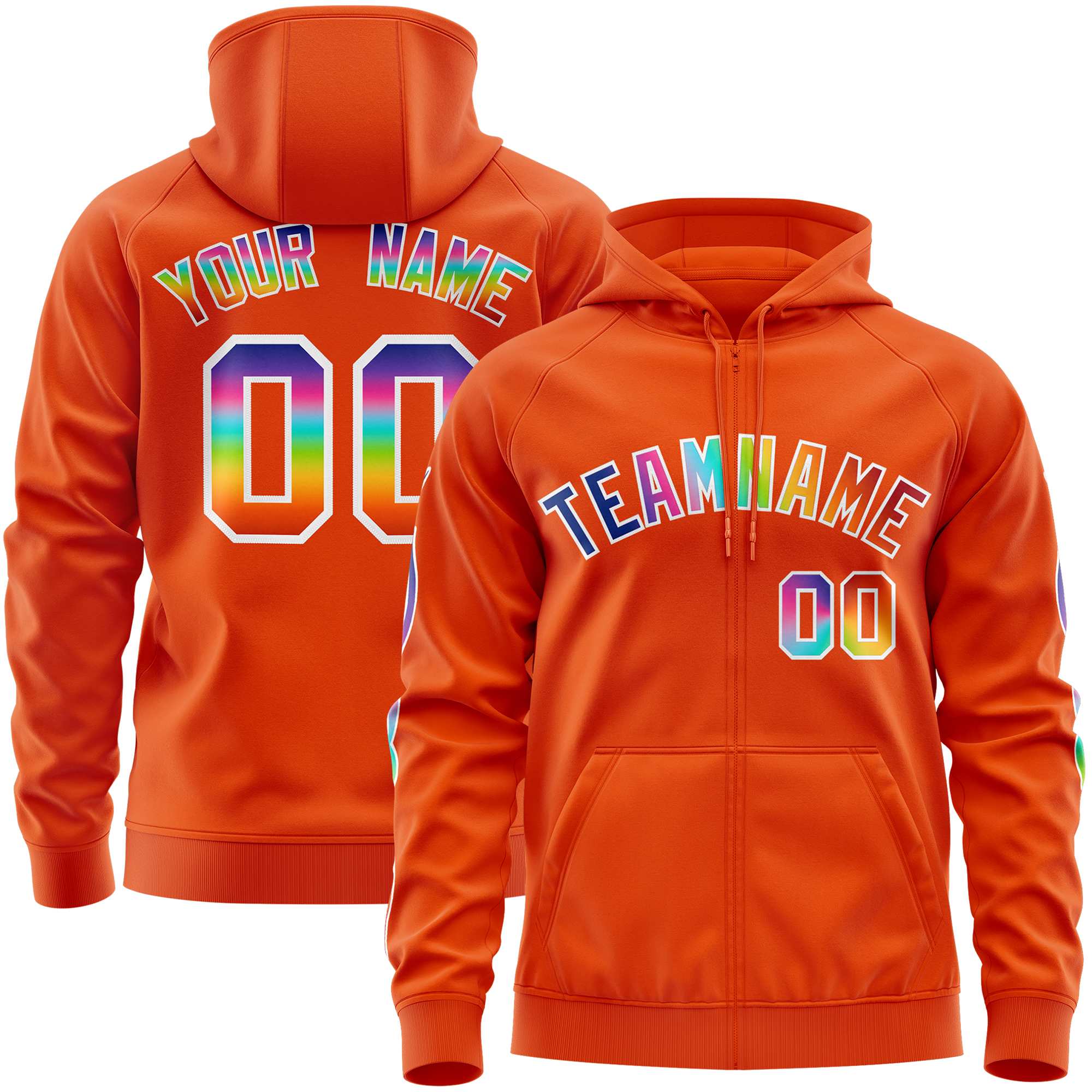 Custom Stitched Orange White Sports Full-Zip Sweatshirt Hoodie with Colored Flames