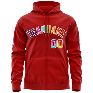 Custom Stitched Red White Sports Full-Zip Sweatshirt Hoodie with Colored Flames