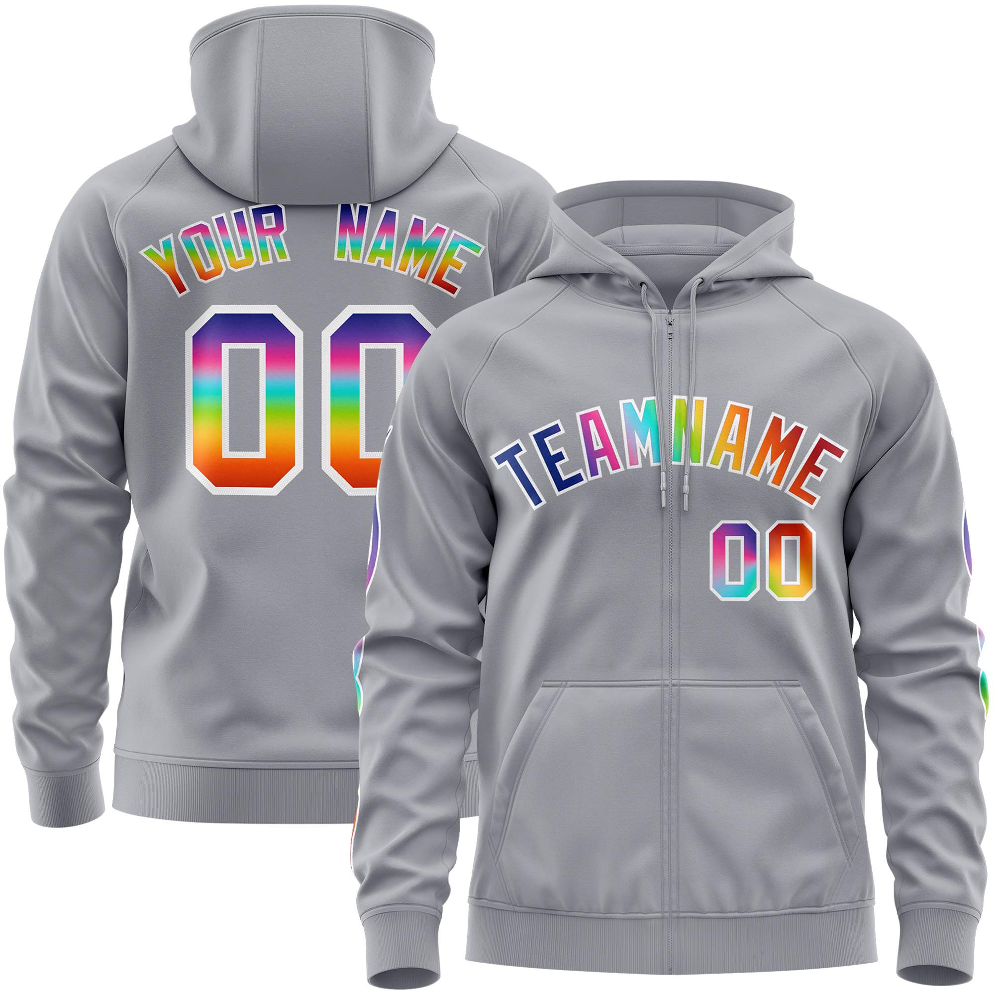 Custom Stitched Gray White Sports Full-Zip Sweatshirt Hoodie with Colored Flames