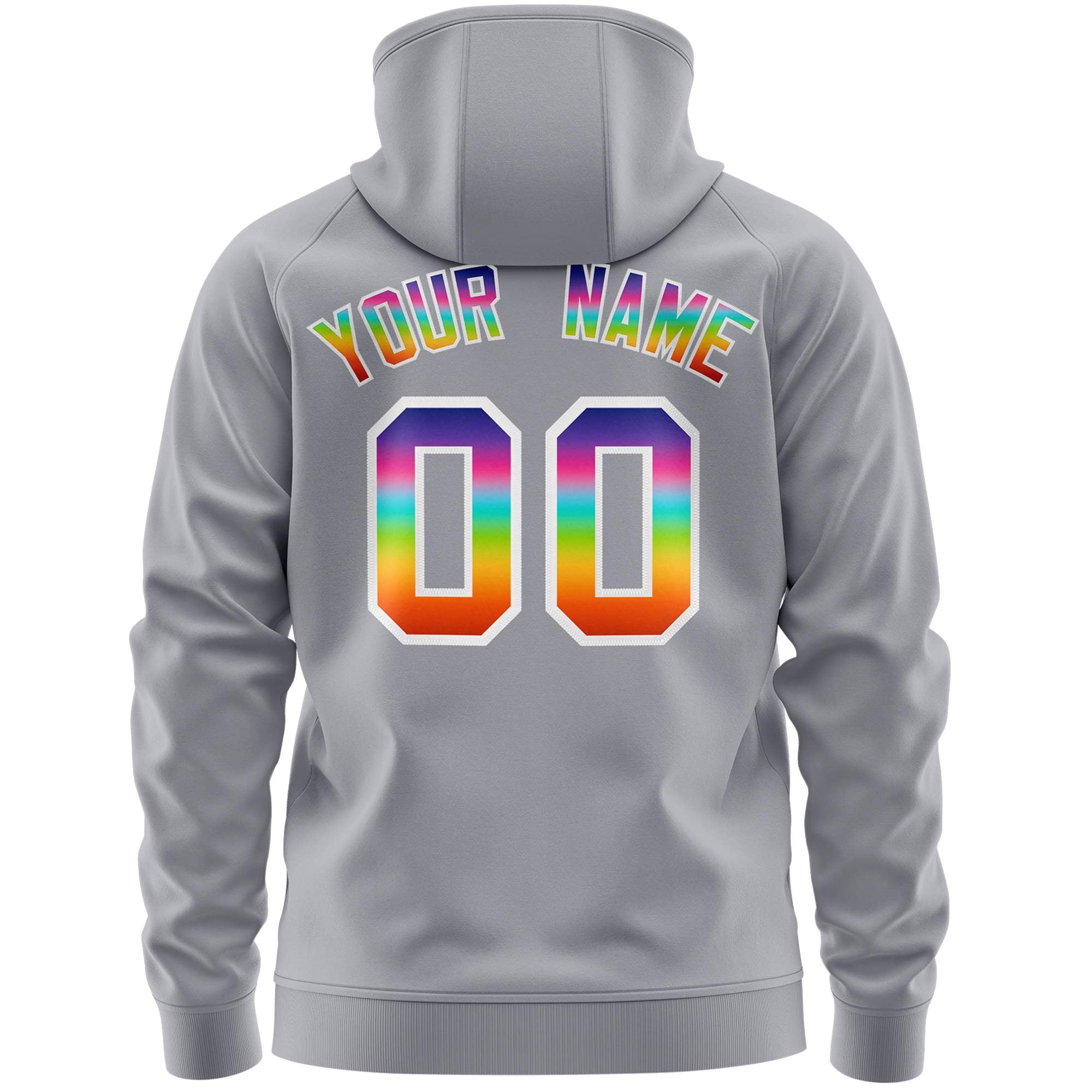 Custom Stitched Gray White Sports Full-Zip Sweatshirt Hoodie with Colored Flames