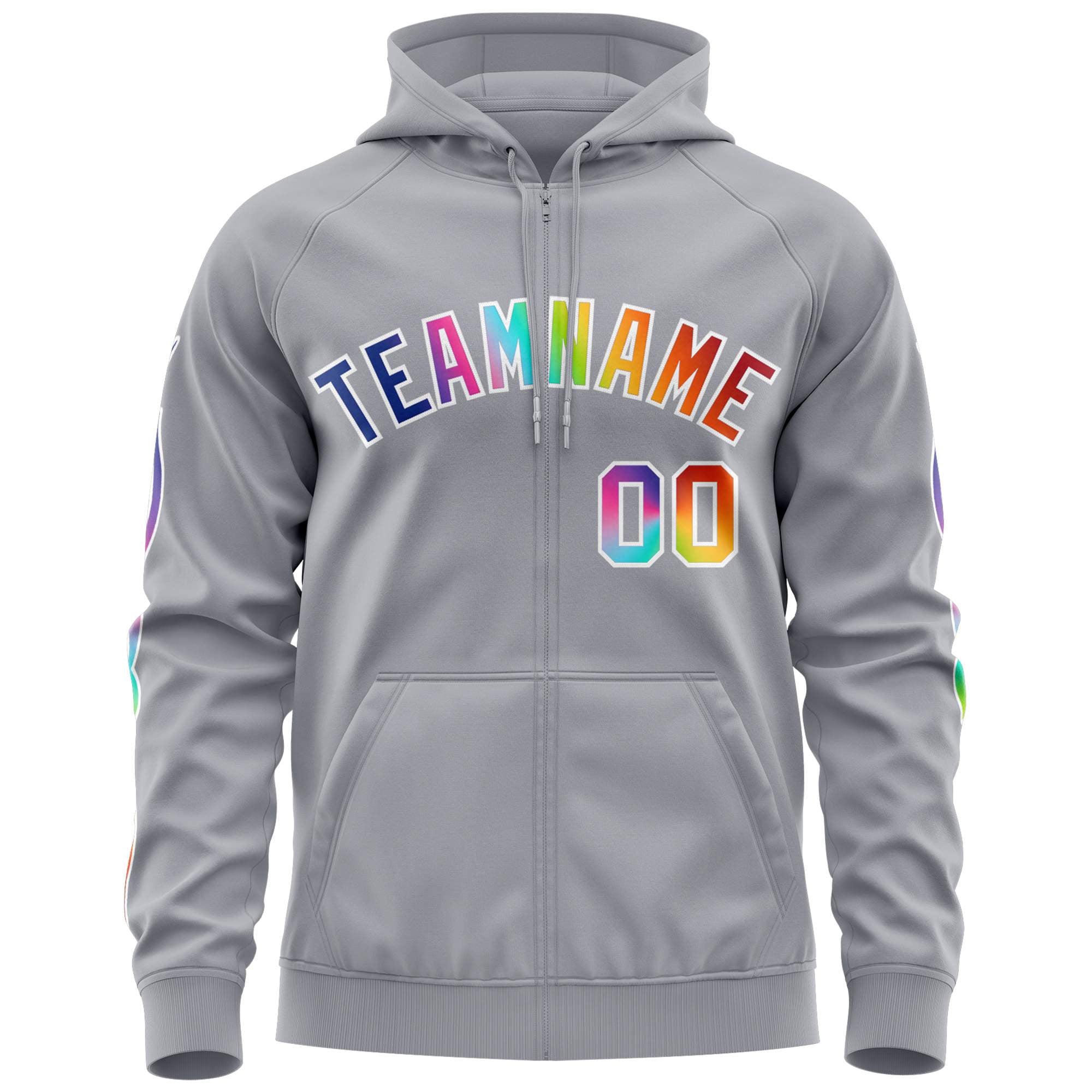 Custom Stitched Gray White Sports Full-Zip Sweatshirt Hoodie with Colored Flames