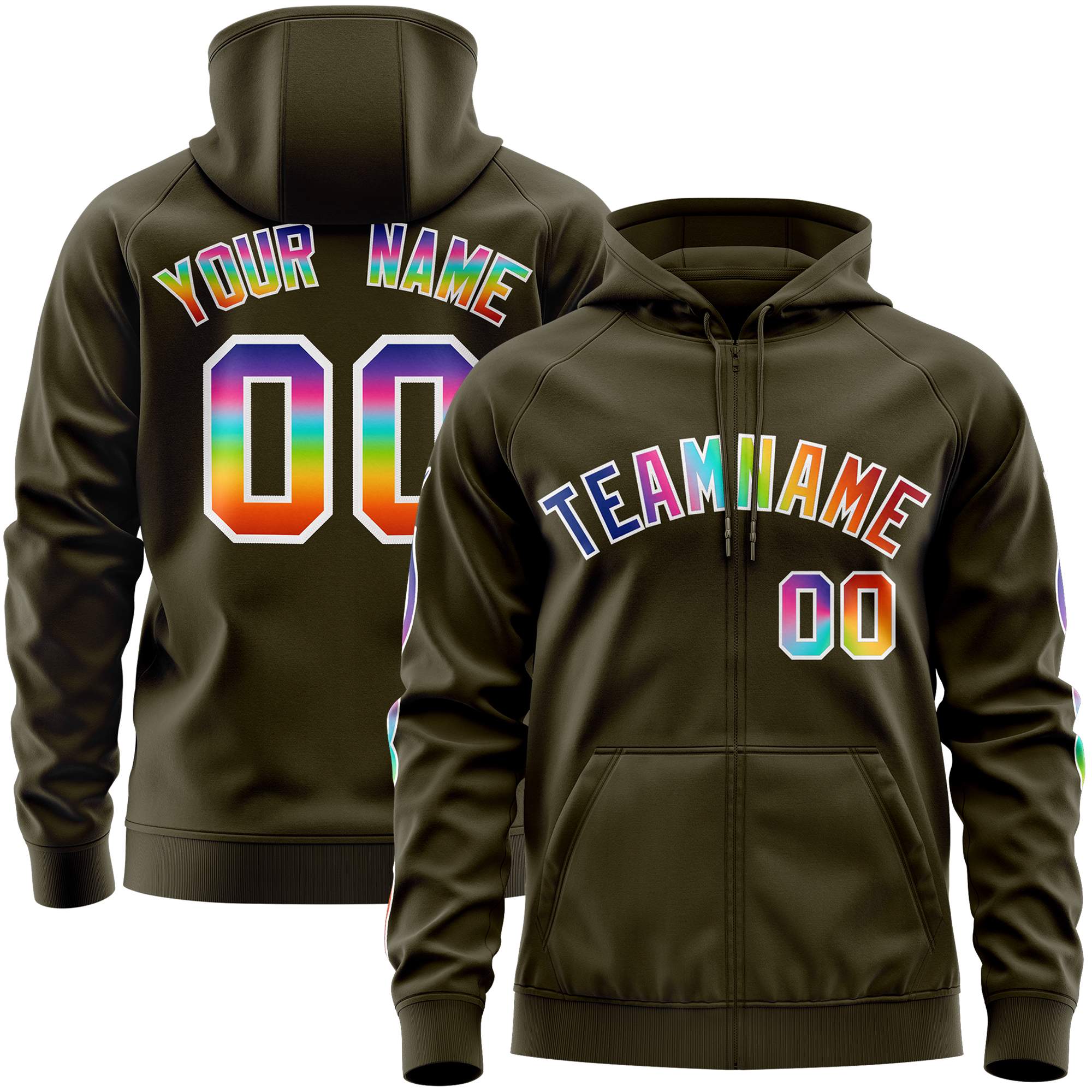 Custom Stitched Olive White Sports Full-Zip Sweatshirt Hoodie with Colored Flames