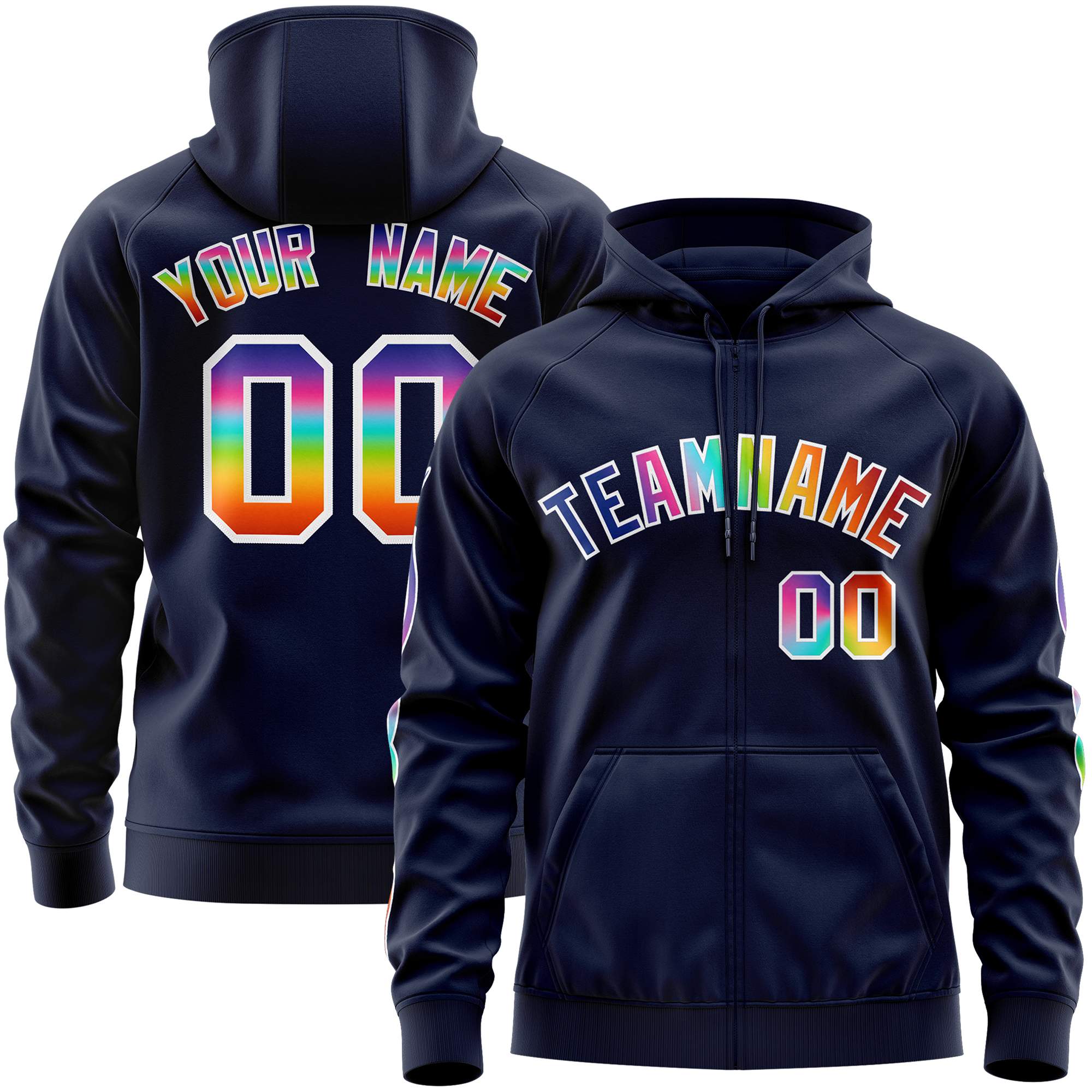 Custom Stitched Navy White Sports Full-Zip Sweatshirt Hoodie with Colored Flames