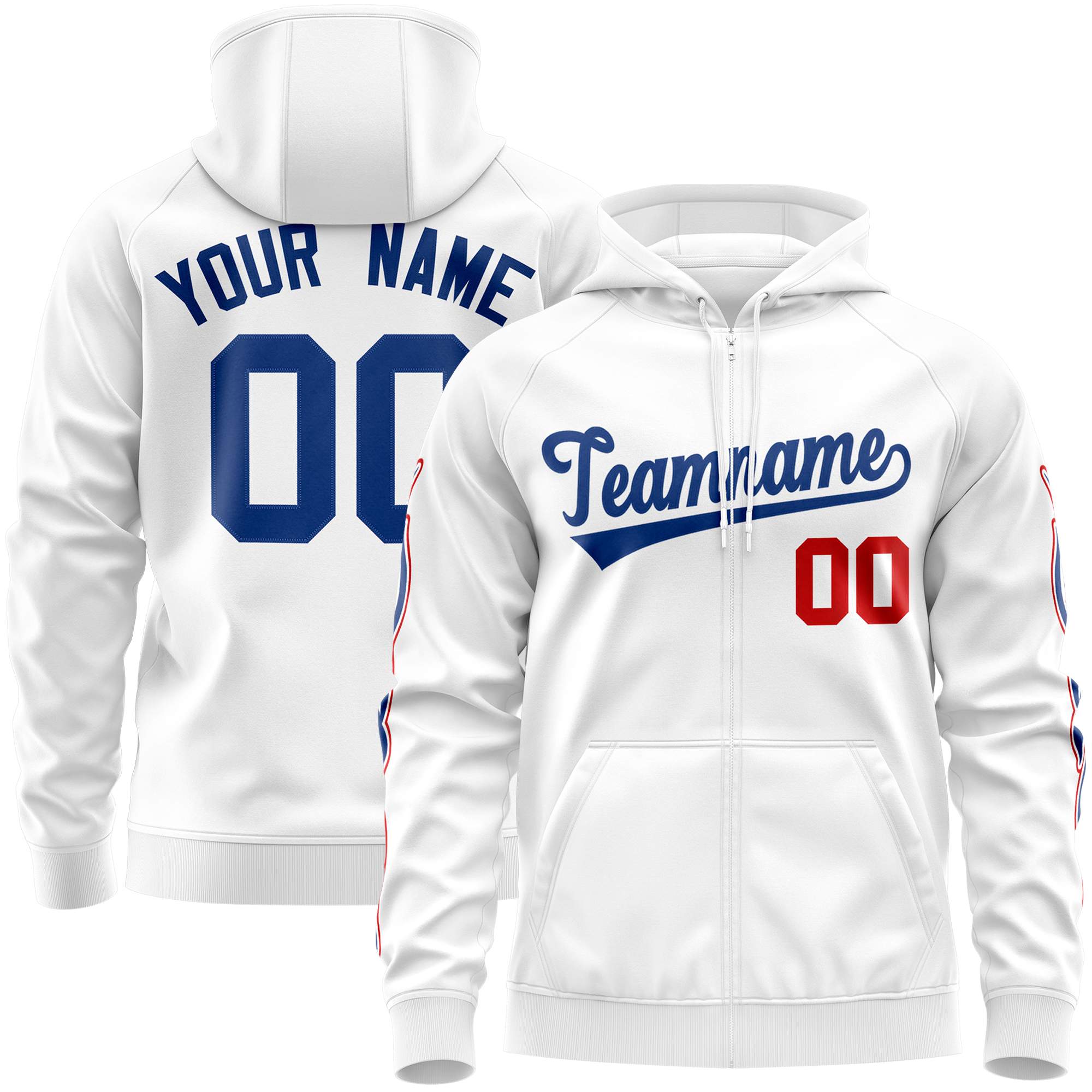 Custom Stitched White Royal Sports Full-Zip Sweatshirt Hoodie with Flame