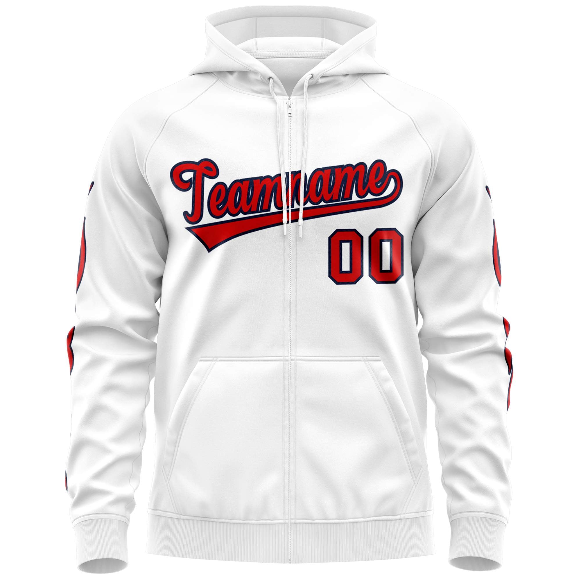 Custom Stitched White Red Sports Full-Zip Sweatshirt Hoodie with Flame