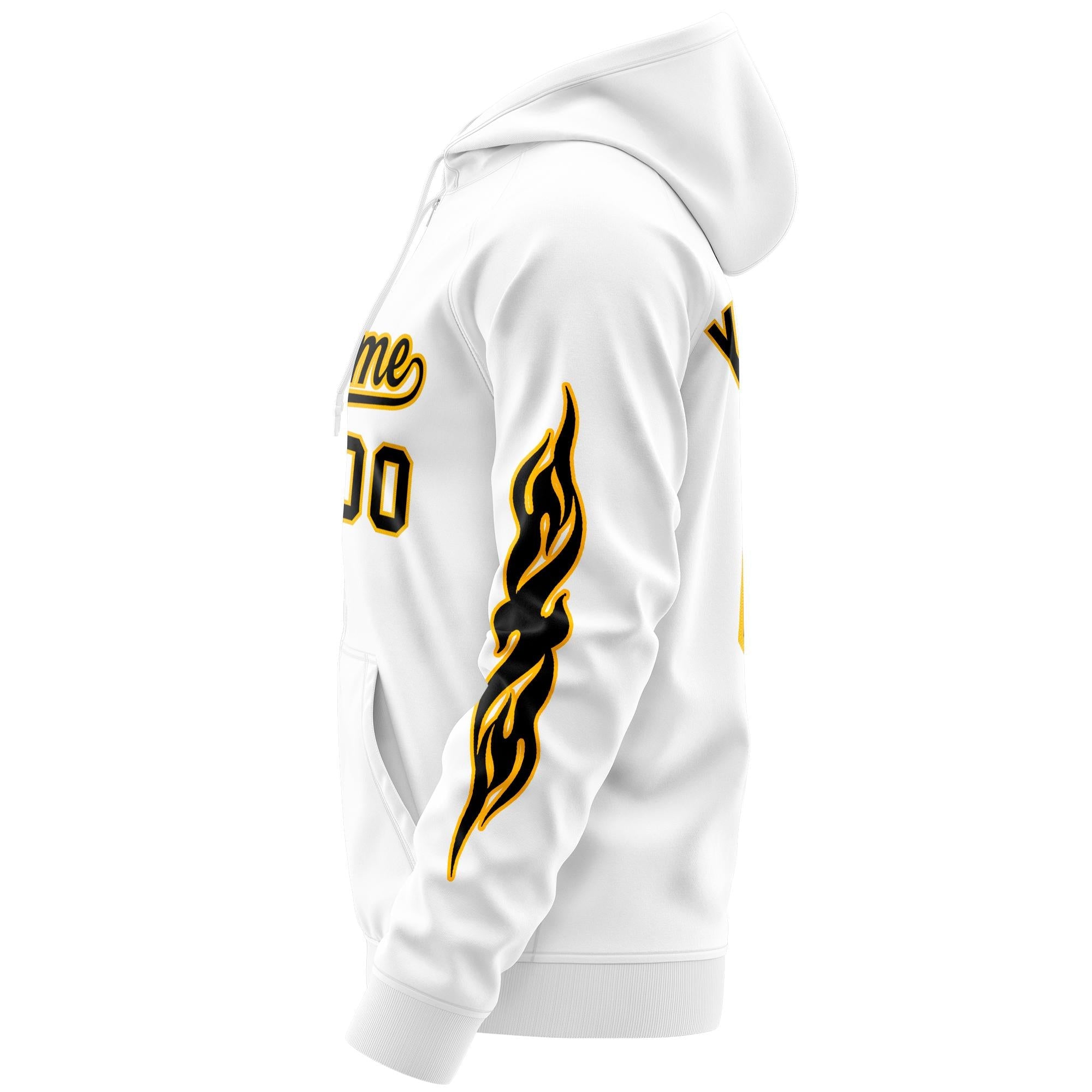 Custom Stitched White Black Sports Full-Zip Sweatshirt Hoodie with Flame