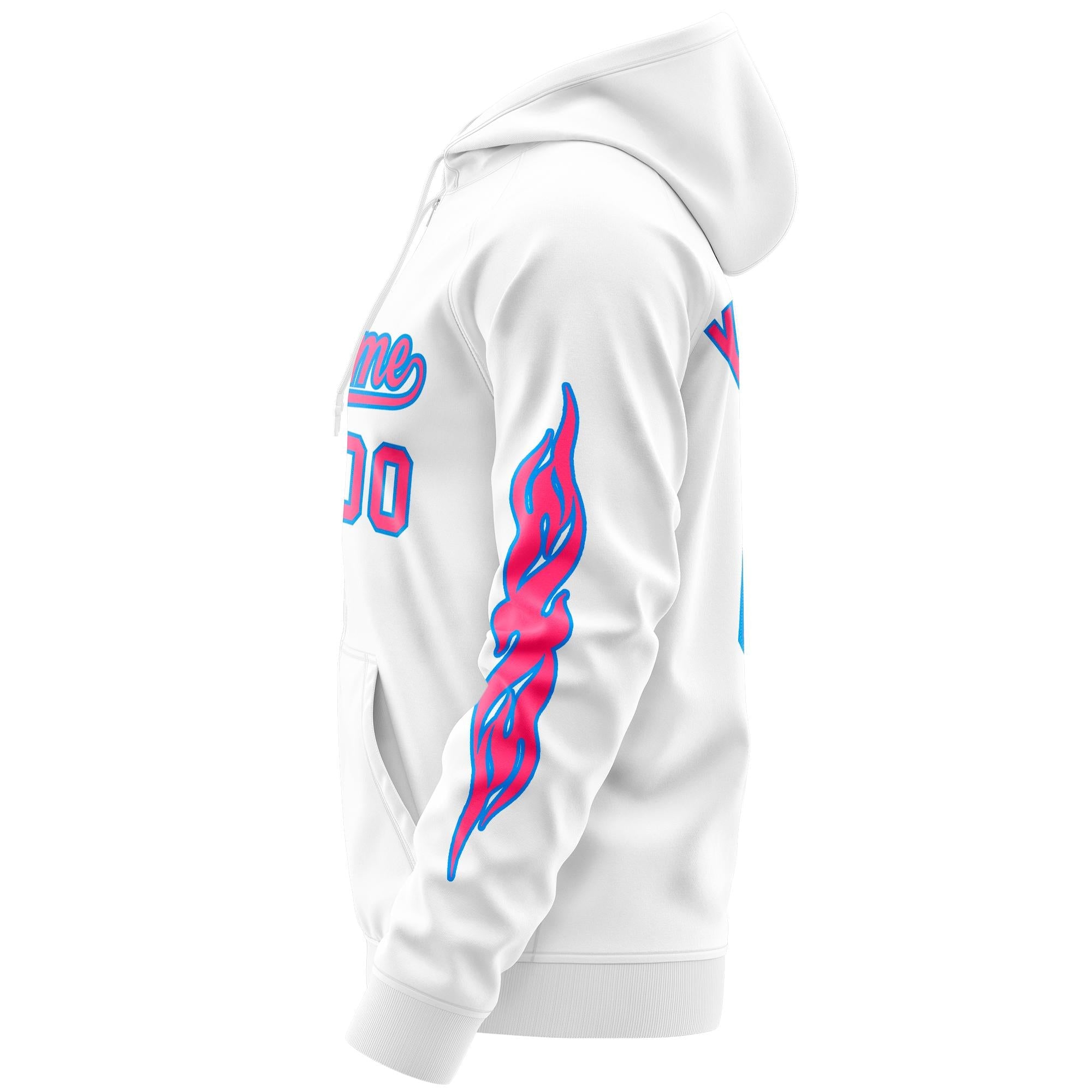 Custom Stitched White Pink Sports Full-Zip Sweatshirt Hoodie with Flame