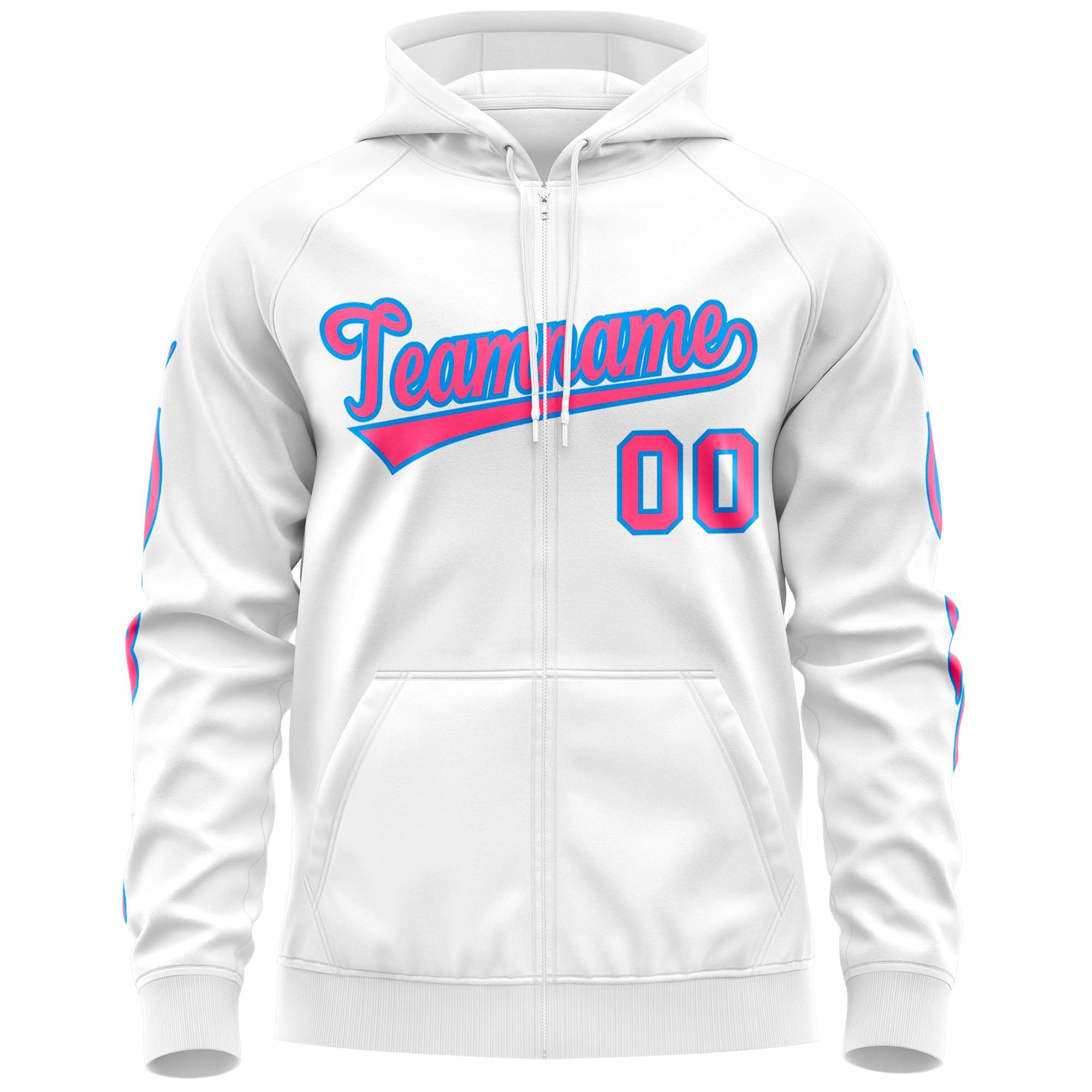 Custom Stitched White Pink Sports Full-Zip Sweatshirt Hoodie with Flame