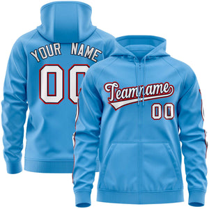 Custom Stitched Light Blue White Sports Full-Zip Sweatshirt Hoodie with Flame