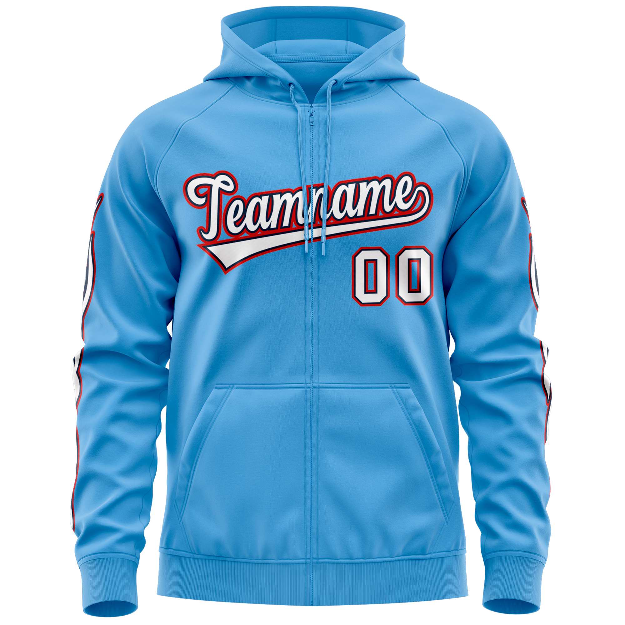 Custom Stitched Light Blue White Sports Full-Zip Sweatshirt Hoodie with Flame