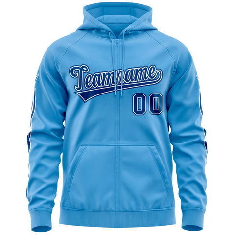 Custom Stitched Light Blue Royal Sports Full-Zip Sweatshirt Hoodie with Flame