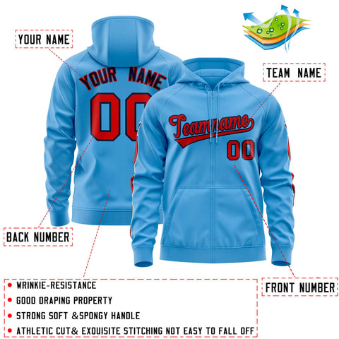 Custom Stitched Light Blue Red Sports Full-Zip Sweatshirt Hoodie with Flame