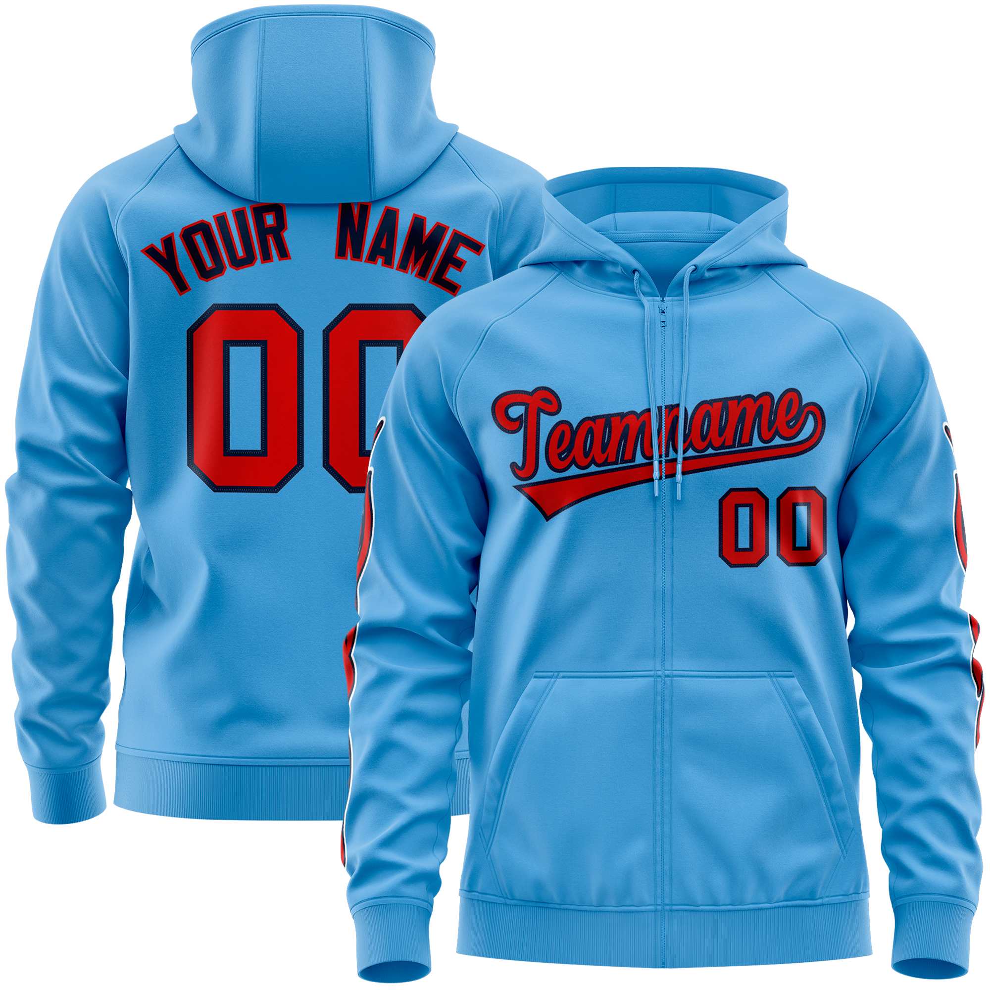 Custom Stitched Light Blue Red Sports Full-Zip Sweatshirt Hoodie with Flame