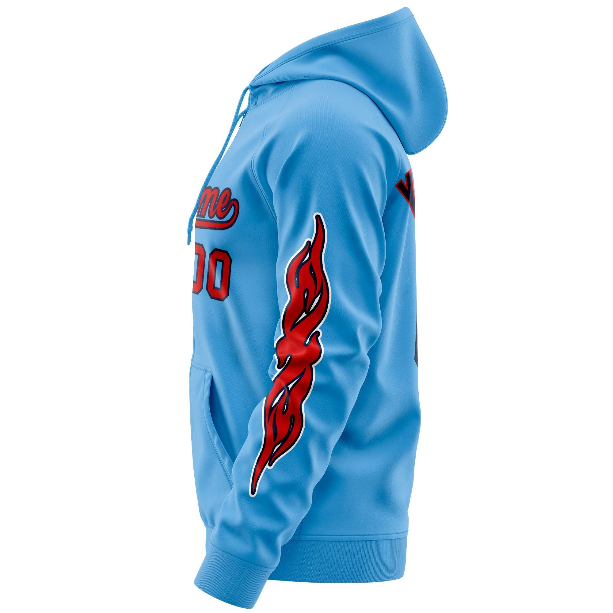 Custom Stitched Light Blue Red Sports Full-Zip Sweatshirt Hoodie with Flame