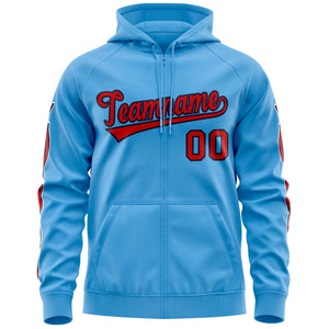 Custom Stitched Light Blue Red Sports Full-Zip Sweatshirt Hoodie with Flame