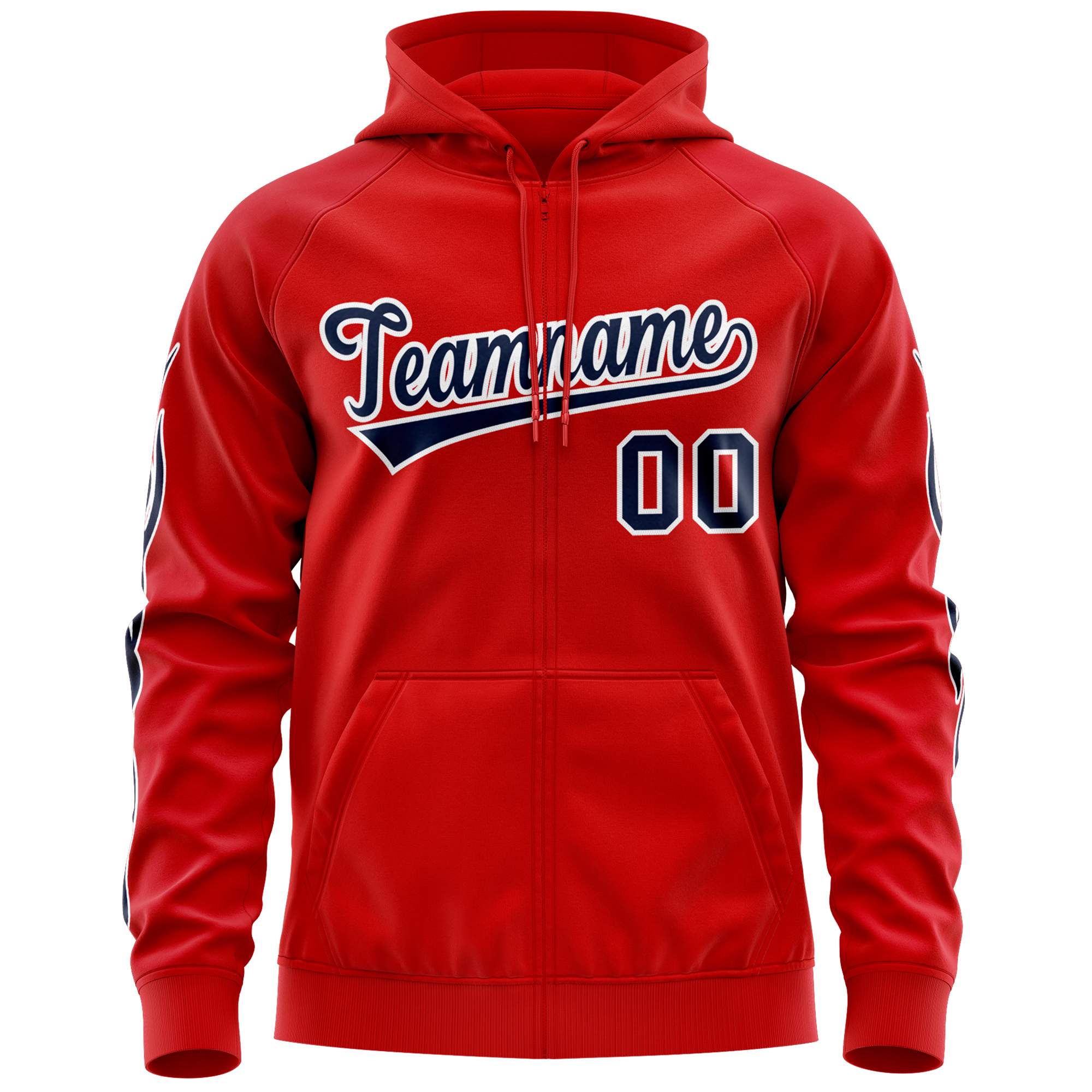 Custom Stitched Red Navy Sports Full-Zip Sweatshirt Hoodie with Flame