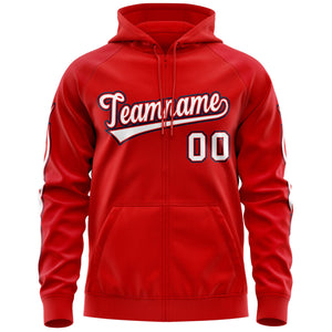 Custom Stitched Red White Sports Full-Zip Sweatshirt Hoodie with Flame