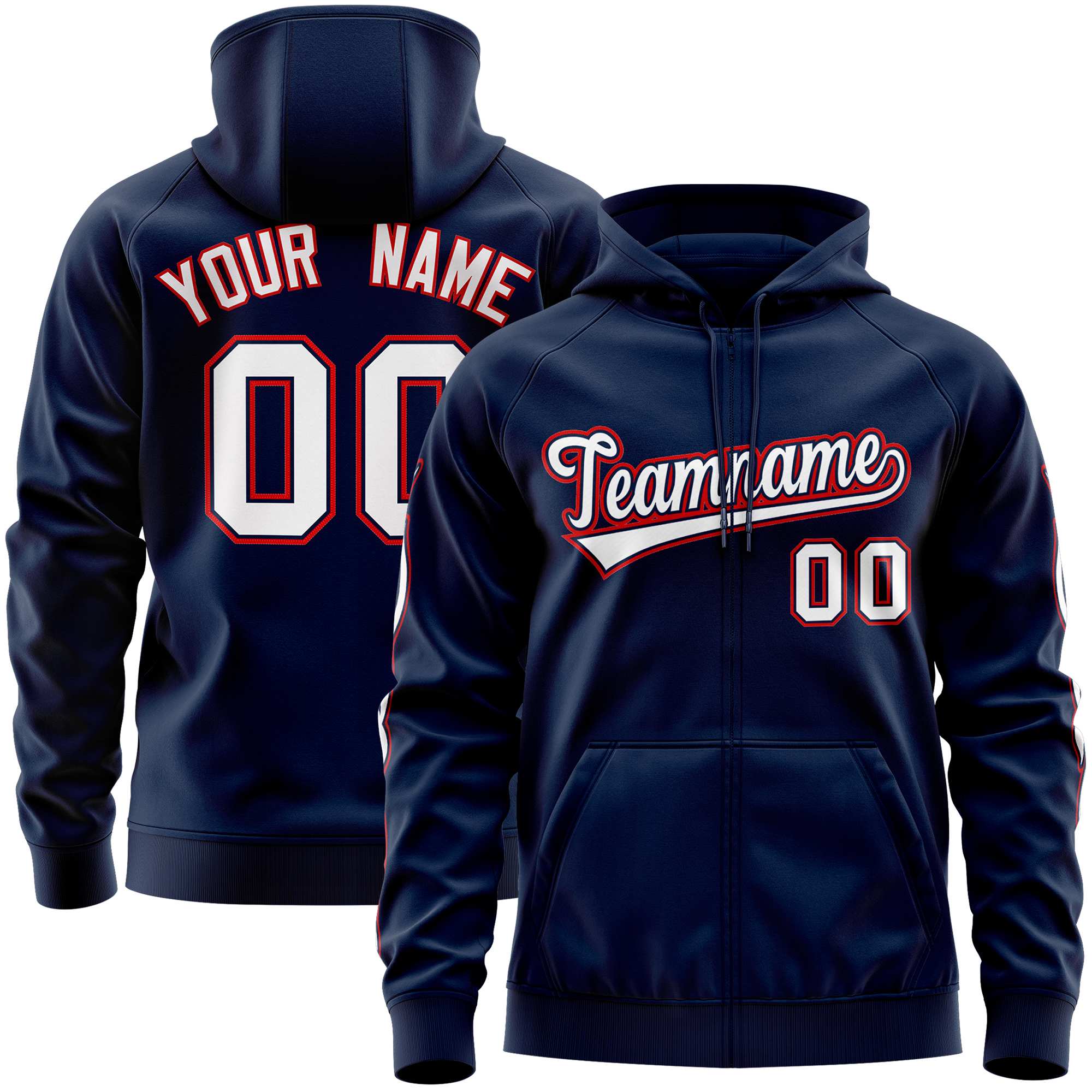 Custom Stitched Navy White Sports Full-Zip Sweatshirt Hoodie with Flame