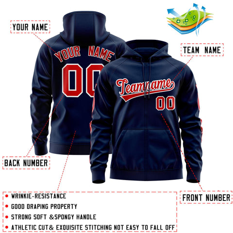 Custom Stitched Navy Red Sports Full-Zip Sweatshirt Hoodie with Flame