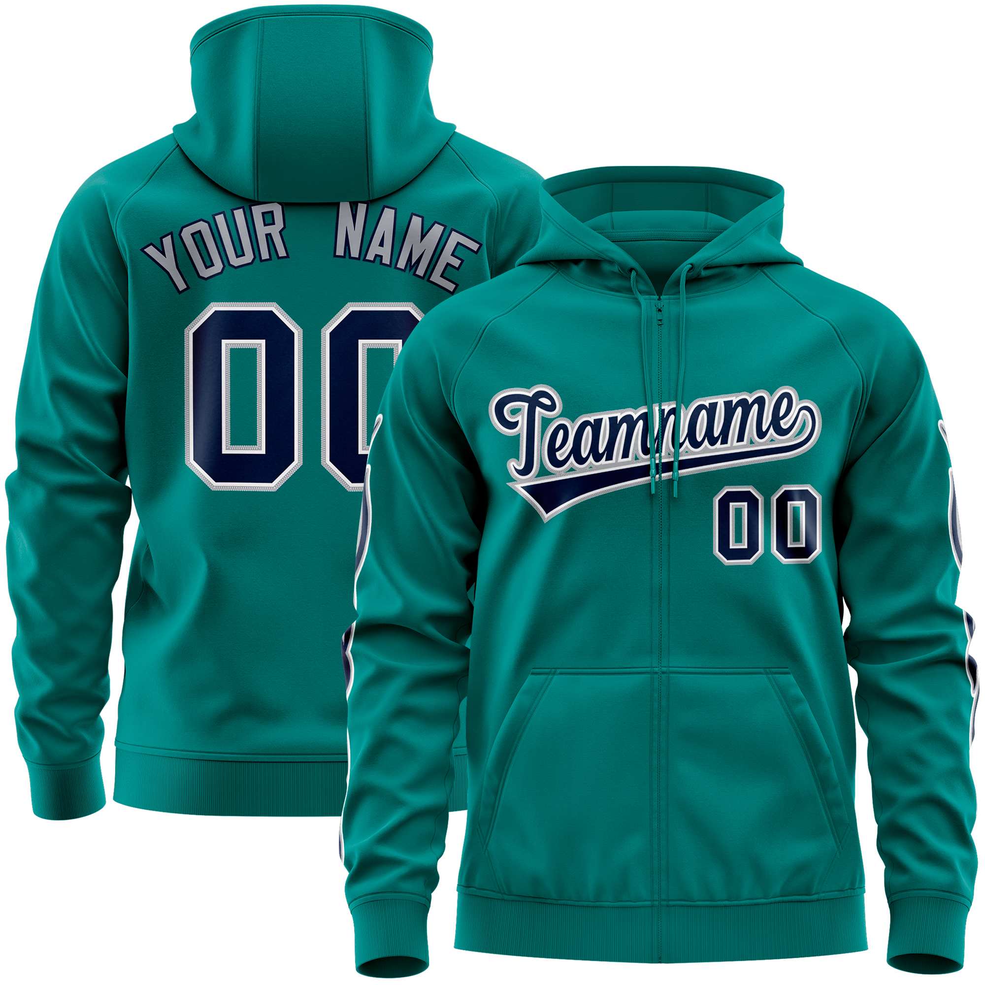 Custom Stitched Aqua Navy Sports Full-Zip Sweatshirt Hoodie with Flame