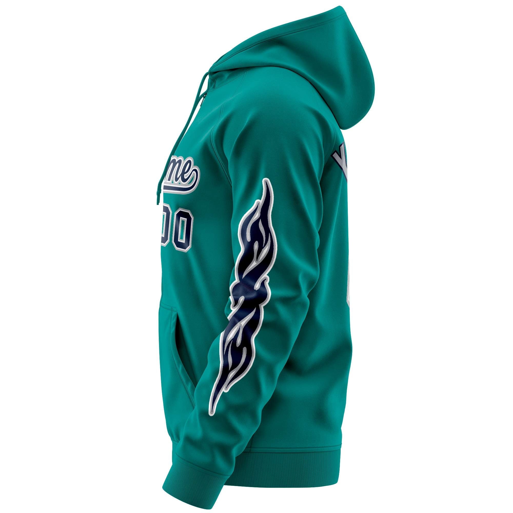 Custom Stitched Aqua Navy Sports Full-Zip Sweatshirt Hoodie with Flame