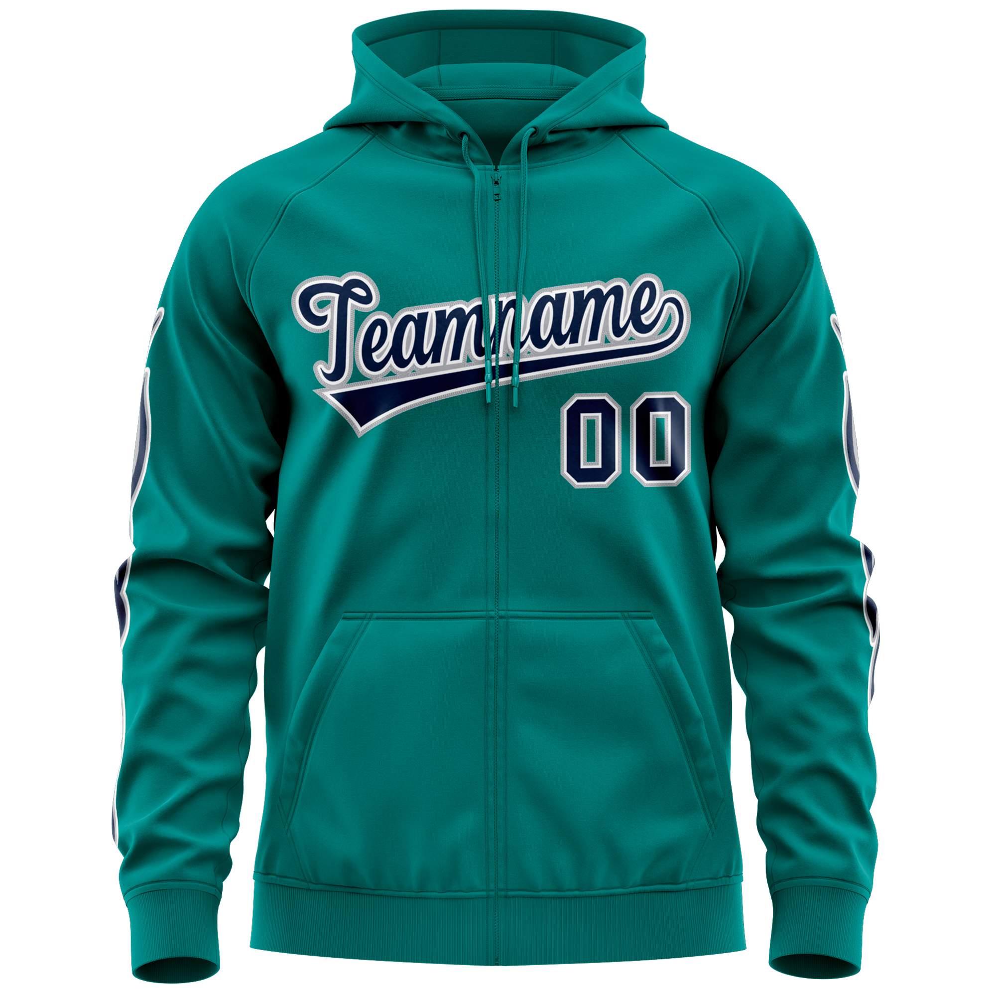 Custom Stitched Aqua Navy Sports Full-Zip Sweatshirt Hoodie with Flame