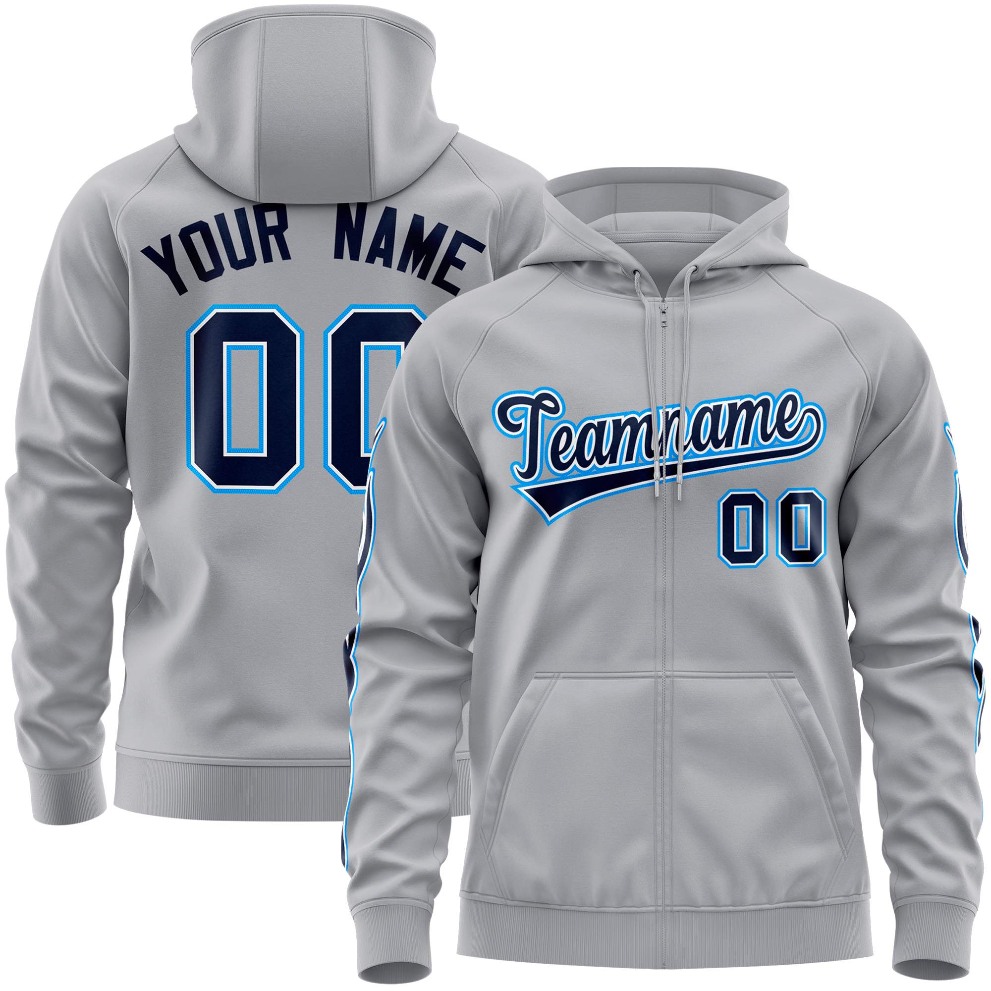 Custom Stitched Gray Navy Sports Full-Zip Sweatshirt Hoodie with Flame