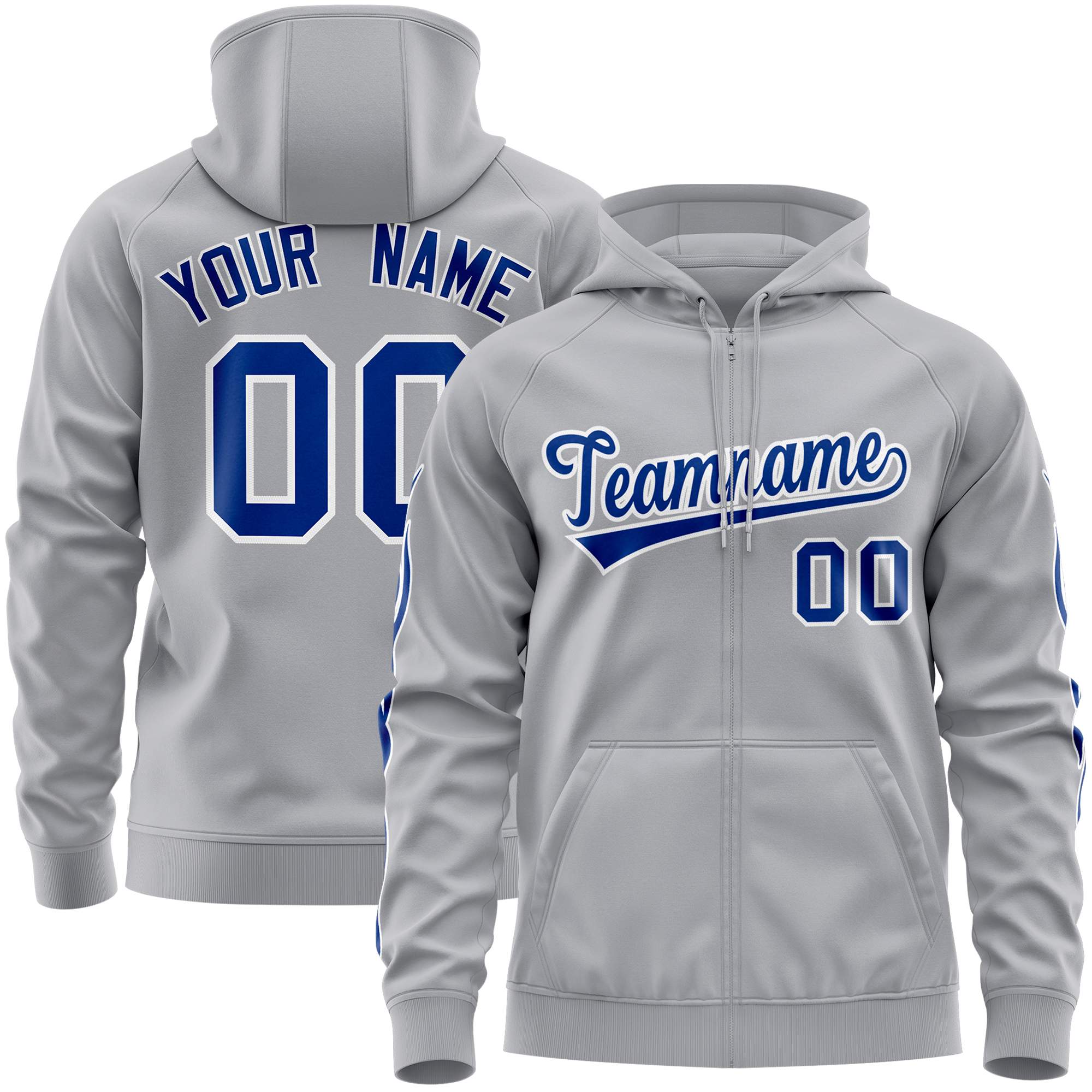 Custom Stitched Gray Royal Sports Full-Zip Sweatshirt Hoodie with Flame