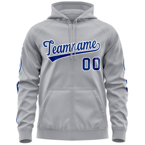 Custom Stitched Gray Royal Sports Full-Zip Sweatshirt Hoodie with Flame