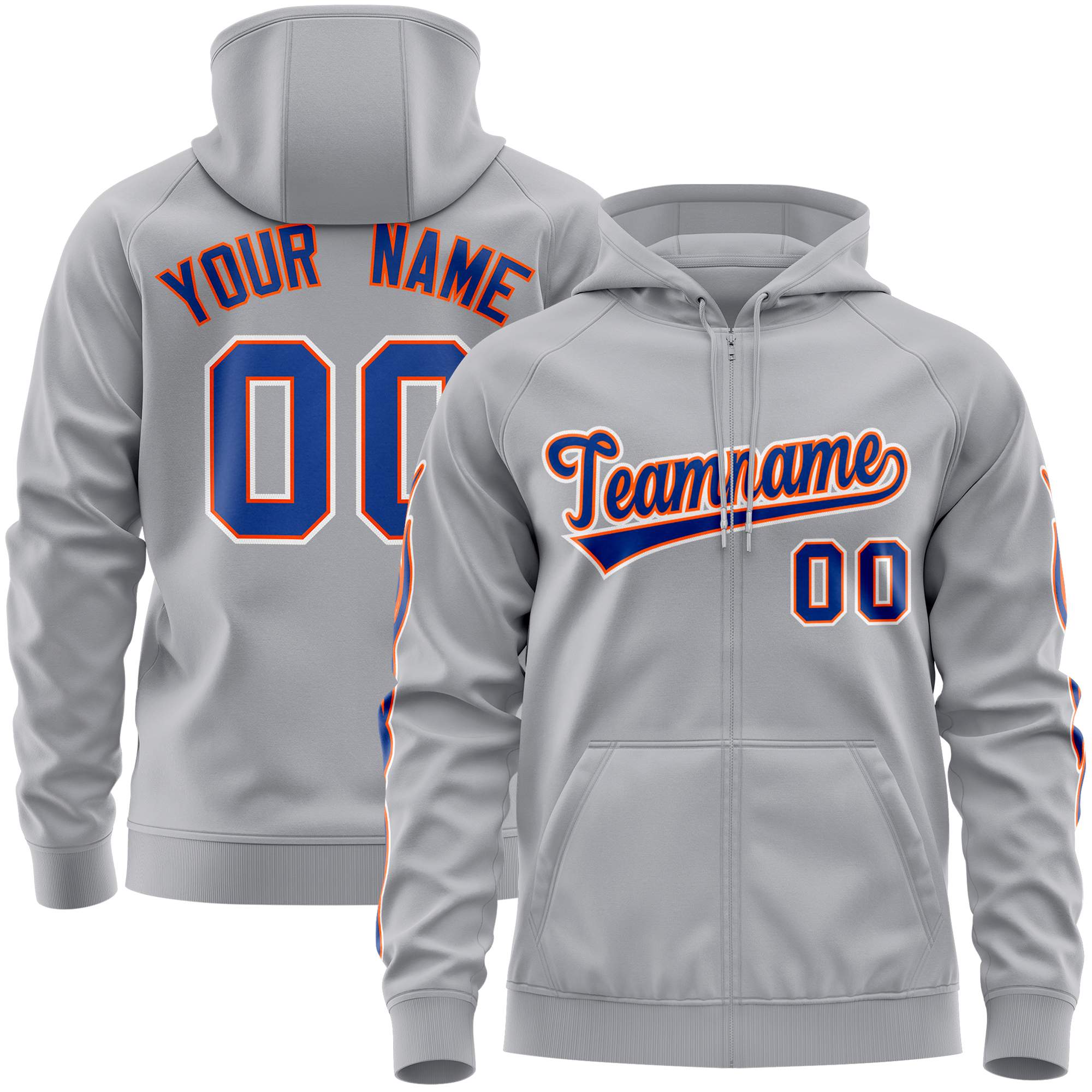 Custom Stitched Gray Royal Sports Full-Zip Sweatshirt Hoodie with Flame